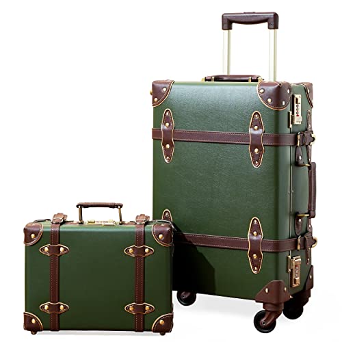 urecity Vintage Luggage Set, Trunk Style Suitcase with Wheels, 2-Piece Hardside Luggage and Beauty Case Set (Army Green…