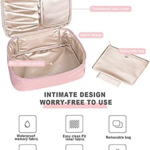 Makeup Bag Cosmetic Bag for Women Travel Makeup Toiletry Bag Reusable Makeup brush Bags With Velcro Dividers Makeup Bag (Pink)