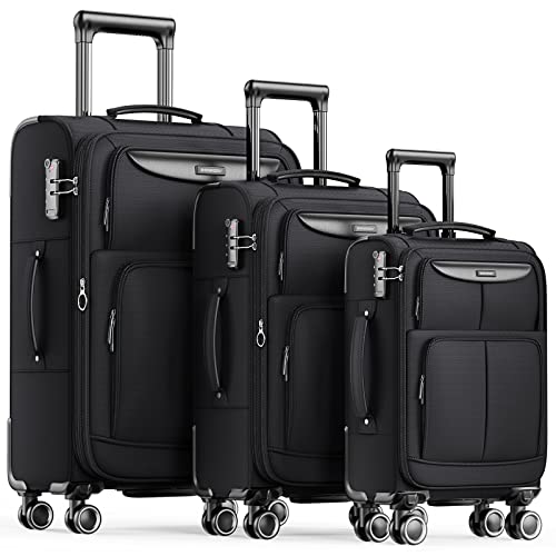 SHOWKOO Luggage Sets 3 Piece Softside Expandable Lightweight Durable Suitcase Sets Double Spinner Wheels TSA Lock Black…