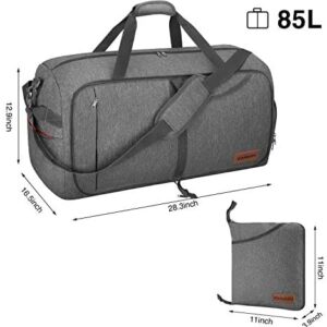 Canway 85L Travel Duffel Bag, Foldable Weekender Bag with Shoes Compartment for Men Women Water-proof & Tear Resistant (Heron Gray, 85L)