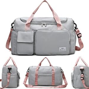 Upgrade Lightweight Waterproof Travel Duffel Bag, Sports Tote Gym Bag, Shoulder Weekender Overnight Bag with Wet Pocket & Shoes Compartment for Women (E-Grey)