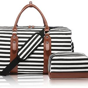 Sucipi Weekender Bag for Women, Canvas Travel Duffle Bag Overnight Bag with Shoe Compartment, Large Carry On Tote Bag Mommy Hospital Bag for Women Hospital/Airplane/Travel/Daily Use/Birthday Gift with Toiletry Bag and Wet Pocket(Black and White Stripes)