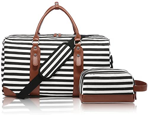 Sucipi Weekender Bag for Women, Canvas Travel Duffle Bag Overnight Bag with Shoe Compartment, Large Carry On Tote Bag Mommy Hospital Bag for Women Hospital/Airplane/Travel/Daily Use/Birthday Gift with Toiletry Bag and Wet Pocket(Black and White Stripes) Sucipi Weekender Bag for Women, Canvas Travel Duffle Bag Overnight Bag with Shoe Compartment, Large Carry On Tote Bag Mommy Hospital Bag for Women Hospital/Airplane/Travel/Daily Use/Birthday Gift with Toiletry Bag and Wet Pocket(Black and White Stripes)