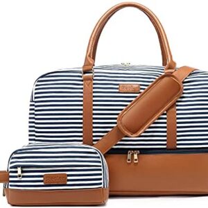 Realer Canvas Weekender Bag, Womens Overnight Bag Carryon Weekend Travel Duffel Tote with Shoe Compartment with Toiletry Bag Flight Approved(Blue Striped)