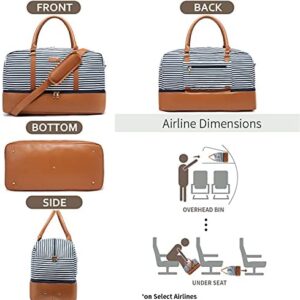Realer Canvas Weekender Bag, Womens Overnight Bag Carryon Weekend Travel Duffel Tote with Shoe Compartment with Toiletry Bag Flight Approved(Blue Striped)
