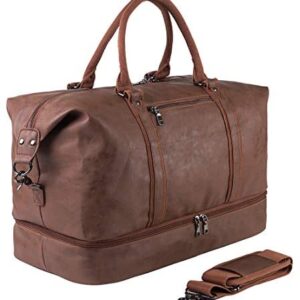 Leather Travel Bag with Shoe Pouch,Weekender Overnight Bag Waterproof Leather Large Carry On Bag Travel Tote Duffel Bag for Men or Women