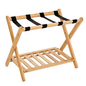 Smart FENDEE Fully Assembled Bamboo Luggage Rack for Guest Room, 2-Tier Wide Suitcase Stand, Wooden Folding Luggage…
