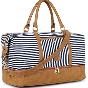 Plambag Canvas Duffel Weekender Bag with Shoe Compartment 42L Overnight Travel Tote Bag(Blue Stripe)