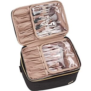 NISHEL Double Layer Travel Makeup Bag with Strap, Large Cosmetic Case Organizer Fits Bottles Vertically, Top Layer for Brushes, Tweezers, Eyeliner, Black