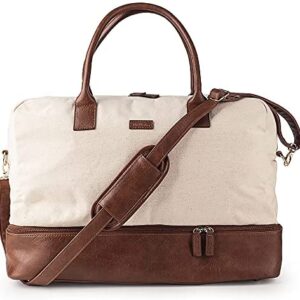 MyMealivos Canvas Weekender Bag, Overnight Travel Carry On Duffel with Shoe Pouch (Ivory)