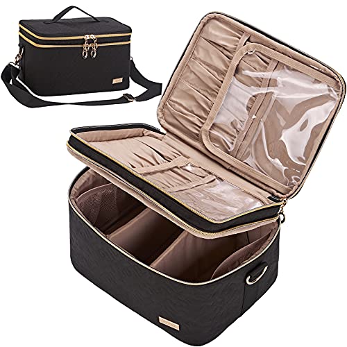 NISHEL Double Layer Travel Makeup Bag with Strap, Large Cosmetic Case Organizer Fits Bottles Vertically, Top Layer for Brushes, Tweezers, Eyeliner, Black NISHEL Double Layer Travel Makeup Bag with Strap, Large Cosmetic Case Organizer Fits Bottles Vertically, Top Layer for Brushes, Tweezers, Eyeliner, Black
