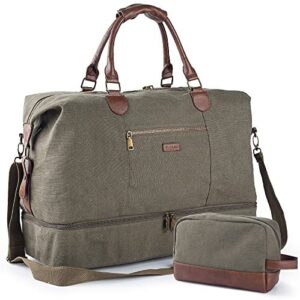 Canvas Travel Tote Luggage Men’s Weekender Duffle Bag with Shoe compartment and Toiletry Bag (Army Green)